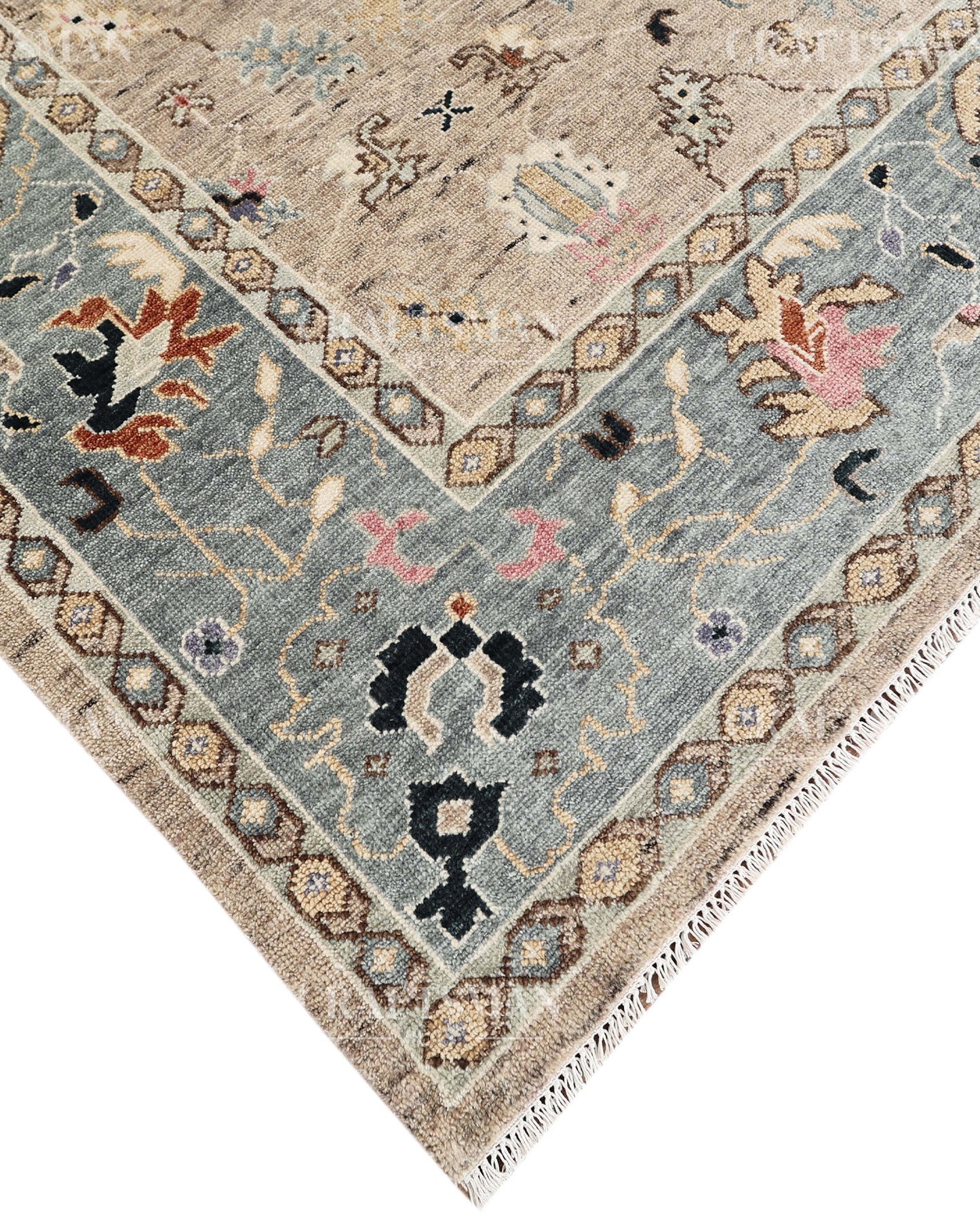 Hand Knotted Oushak Area Rug – Handmade Wool Traditional Floral Carpet in Beige & Blue – Luxury Vintage Style Rug for Living Room & Bedroom