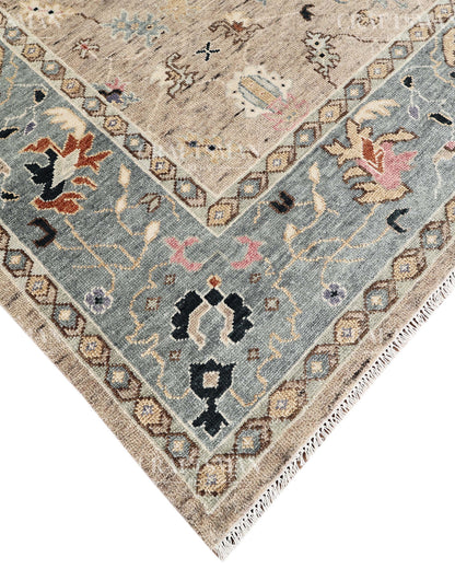 Hand Knotted Oushak Area Rug – Handmade Wool Traditional Floral Carpet in Beige & Blue – Luxury Vintage Style Rug for Living Room & Bedroom