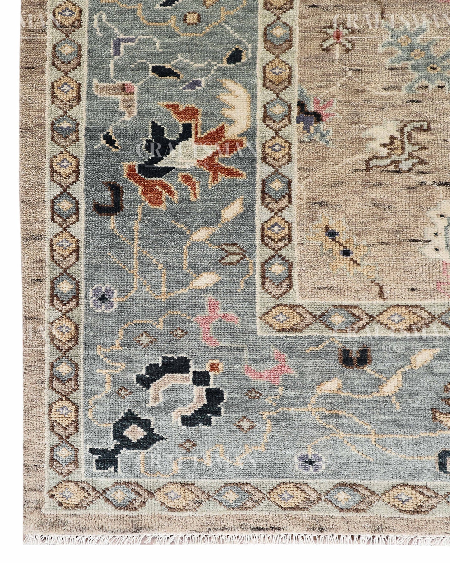 Hand Knotted Oushak Area Rug – Handmade Wool Traditional Floral Carpet in Beige & Blue – Luxury Vintage Style Rug for Living Room & Bedroom
