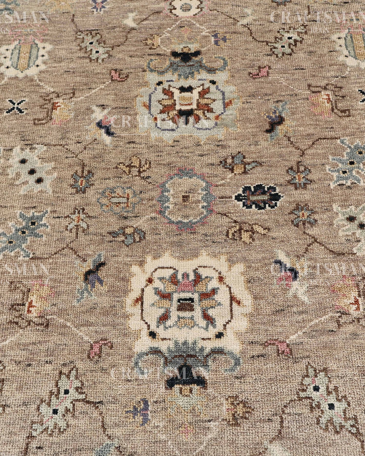 Hand Knotted Oushak Area Rug – Handmade Wool Traditional Floral Carpet in Beige & Blue – Luxury Vintage Style Rug for Living Room & Bedroom