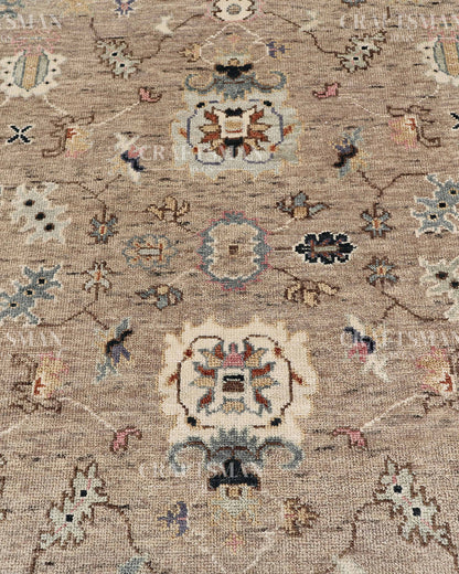 Hand Knotted Oushak Area Rug – Handmade Wool Traditional Floral Carpet in Beige & Blue – Luxury Vintage Style Rug for Living Room & Bedroom