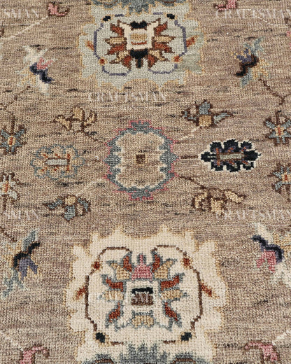 Hand Knotted Oushak Area Rug – Handmade Wool Traditional Floral Carpet in Beige & Blue – Luxury Vintage Style Rug for Living Room & Bedroom