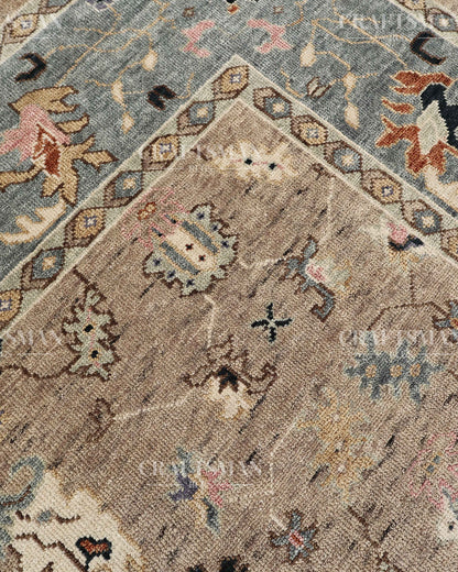 Hand Knotted Oushak Area Rug – Handmade Wool Traditional Floral Carpet in Beige & Blue – Luxury Vintage Style Rug for Living Room & Bedroom