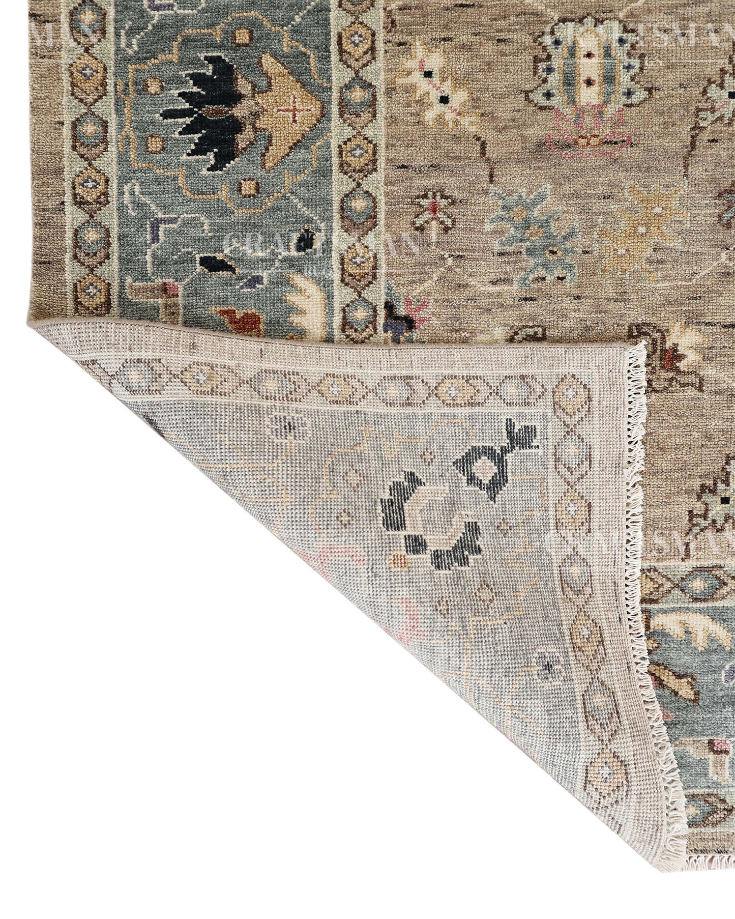 Hand Knotted Oushak Area Rug – Handmade Wool Traditional Floral Carpet in Beige & Blue – Luxury Vintage Style Rug for Living Room & Bedroom