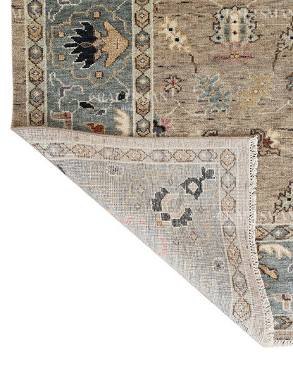 Hand Knotted Oushak Area Rug – Handmade Wool Traditional Floral Carpet in Beige & Blue – Luxury Vintage Style Rug for Living Room & Bedroom