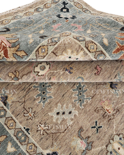 Hand Knotted Oushak Area Rug – Handmade Wool Traditional Floral Carpet in Beige & Blue – Luxury Vintage Style Rug for Living Room & Bedroom