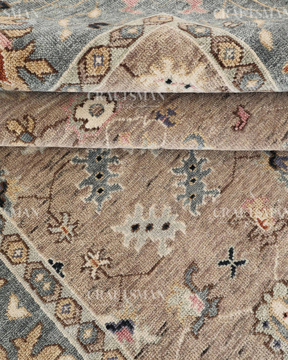 Hand Knotted Oushak Area Rug – Handmade Wool Traditional Floral Carpet in Beige & Blue – Luxury Vintage Style Rug for Living Room & Bedroom