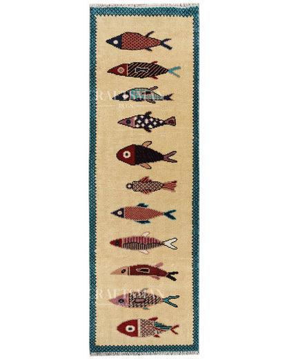 Ethnic Fish Design Runner Rug – Hand Knotted Wool Rug for Hallway Entryway