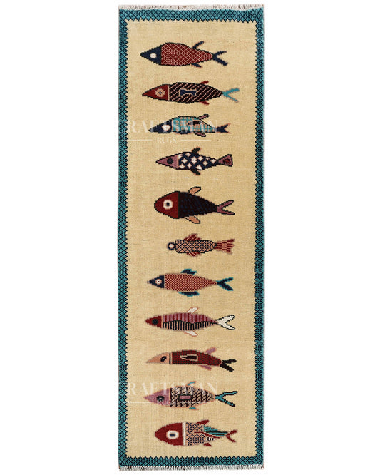 Ethnic Fish Design Runner Rug – Hand Knotted Wool Rug for Hallway Entryway