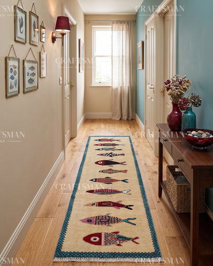 Ethnic Fish Design Runner Rug – Hand Knotted Wool Rug for Hallway Entryway