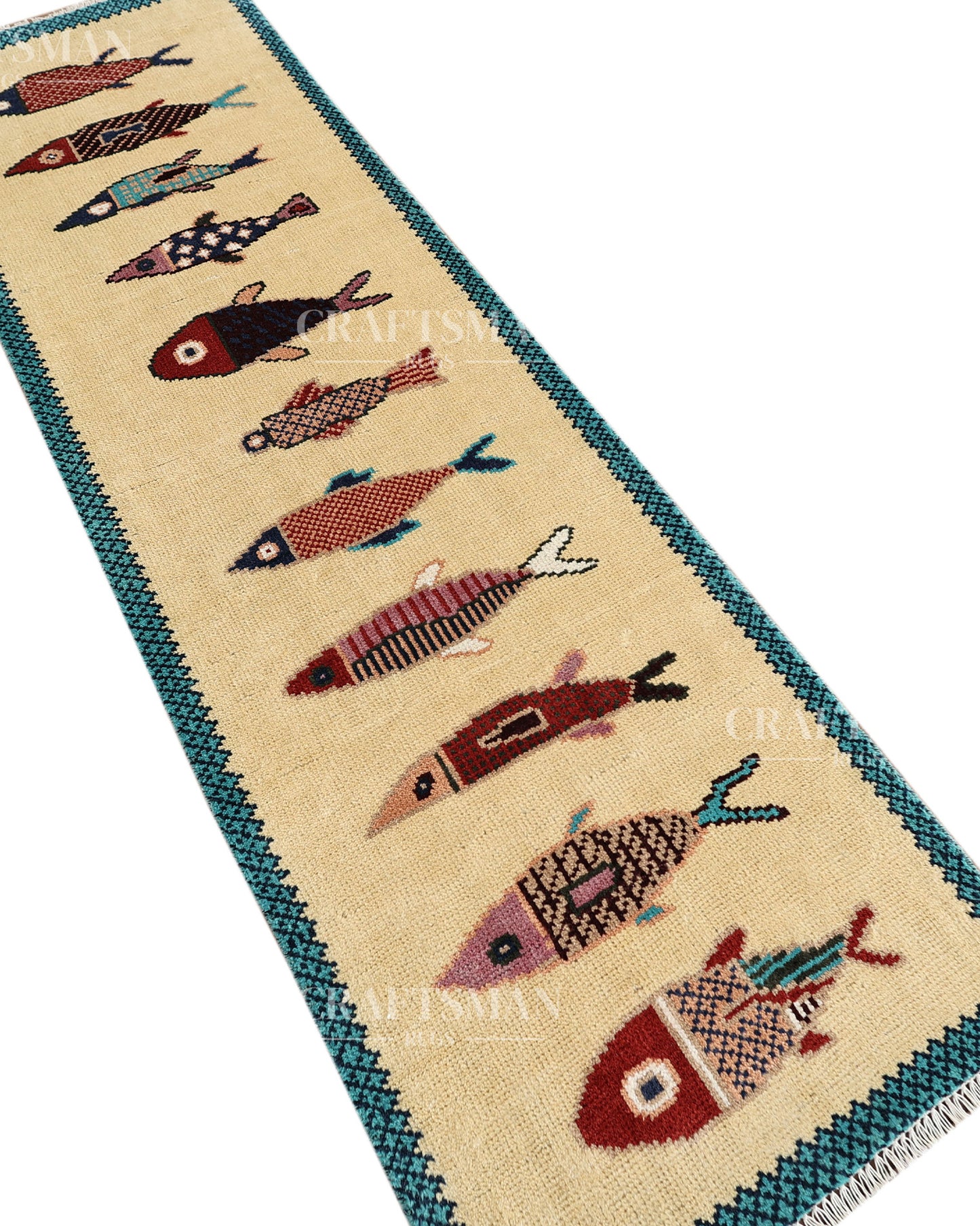 Ethnic Fish Design Runner Rug – Hand Knotted Wool Rug for Hallway Entryway