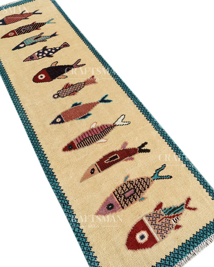 Ethnic Fish Design Runner Rug – Hand Knotted Wool Rug for Hallway Entryway