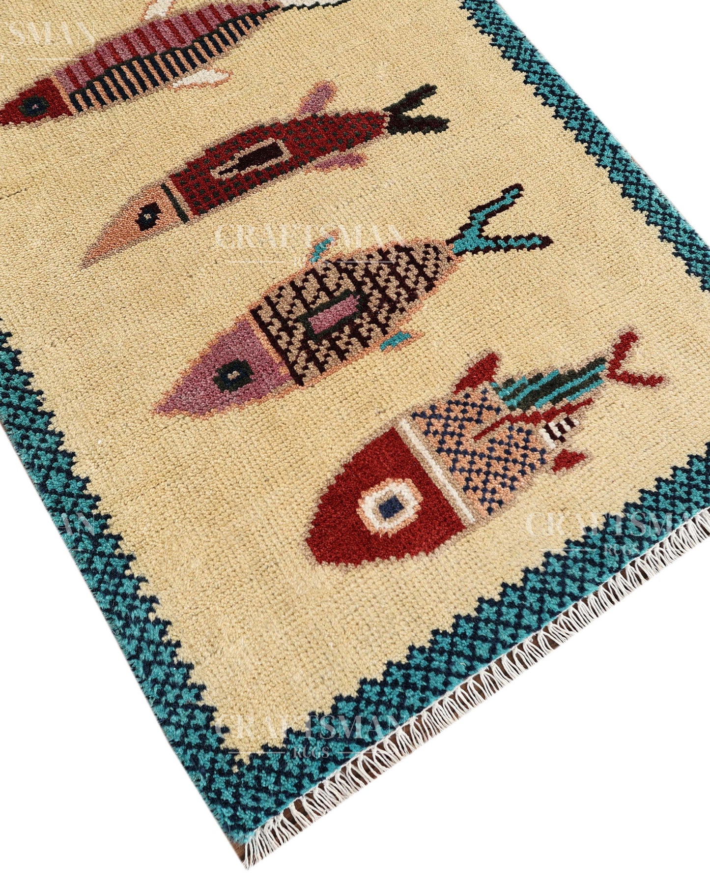 Ethnic Fish Design Runner Rug – Hand Knotted Wool Rug for Hallway Entryway