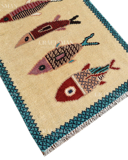 Ethnic Fish Design Runner Rug – Hand Knotted Wool Rug for Hallway Entryway
