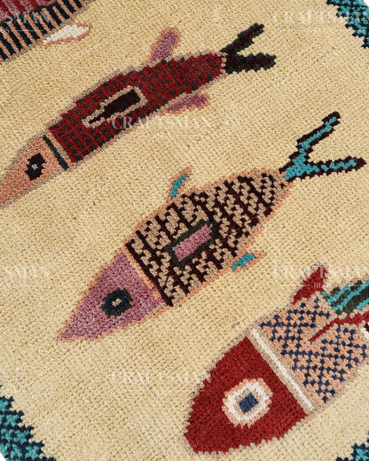 Ethnic Fish Design Runner Rug – Hand Knotted Wool Rug for Hallway Entryway