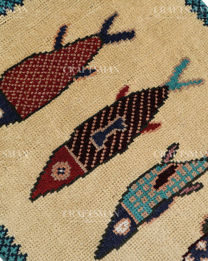 Ethnic Fish Design Runner Rug – Hand Knotted Wool Rug for Hallway Entryway