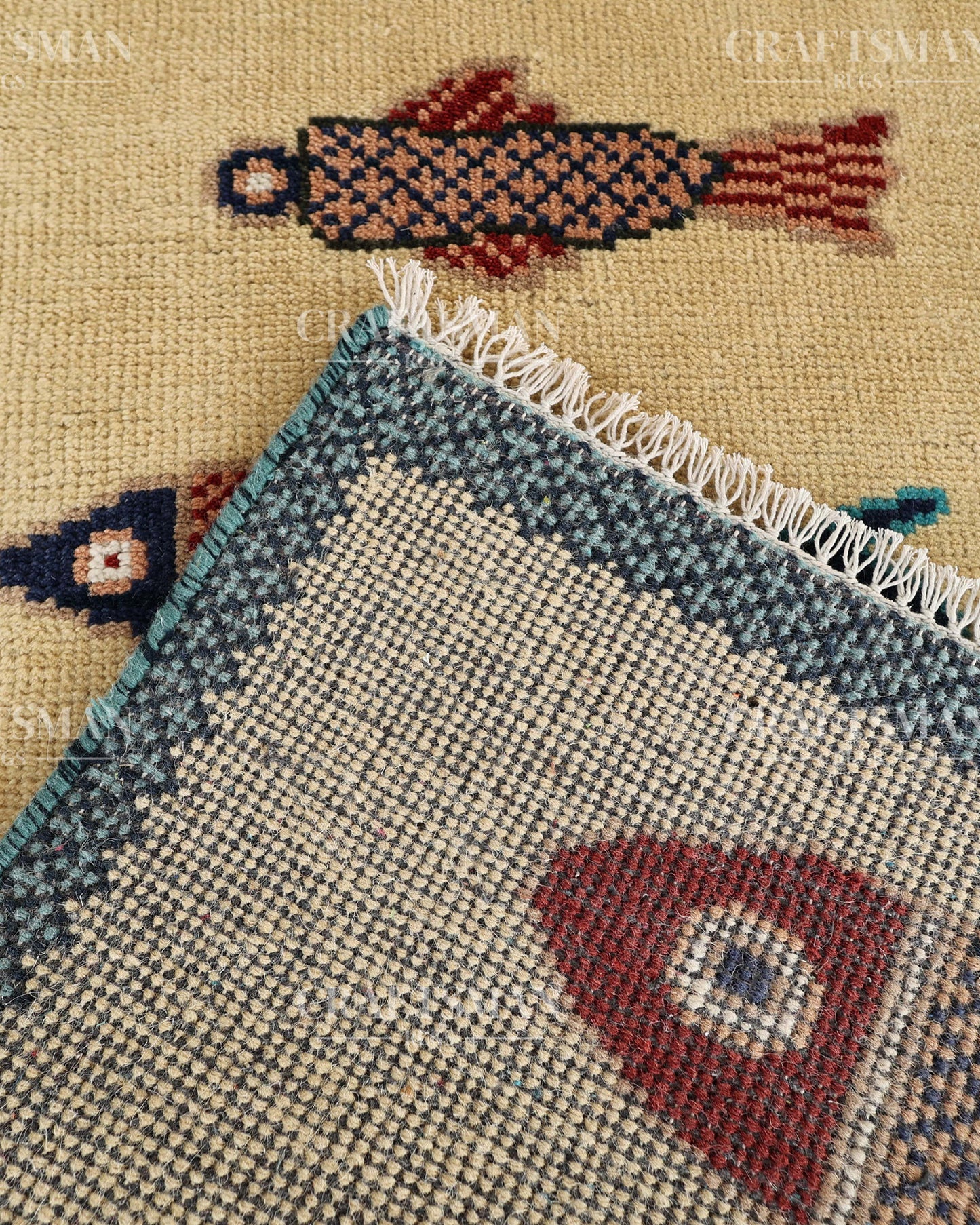 Ethnic Fish Design Runner Rug – Hand Knotted Wool Rug for Hallway Entryway