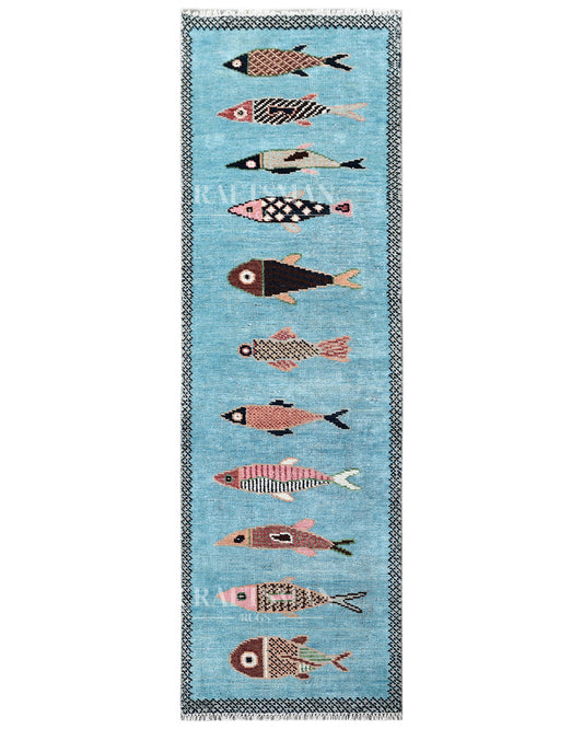 Hand Knotted Fish Runner Rug – Handmade Wool Hallway Carpet in Sky Blue – Tribal Boho Runner for Entryway, Kitchen & Bedroom Decor