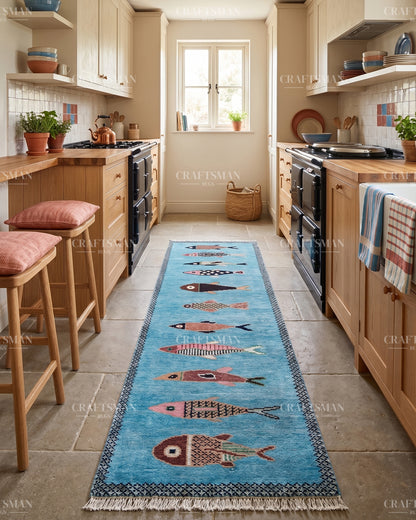 Hand Knotted Fish Runner Rug – Handmade Wool Hallway Carpet in Sky Blue – Tribal Boho Runner for Entryway, Kitchen & Bedroom Decor