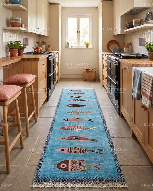 Hand Knotted Fish Runner Rug – Handmade Wool Hallway Carpet in Sky Blue – Tribal Boho Runner for Entryway, Kitchen & Bedroom Decor