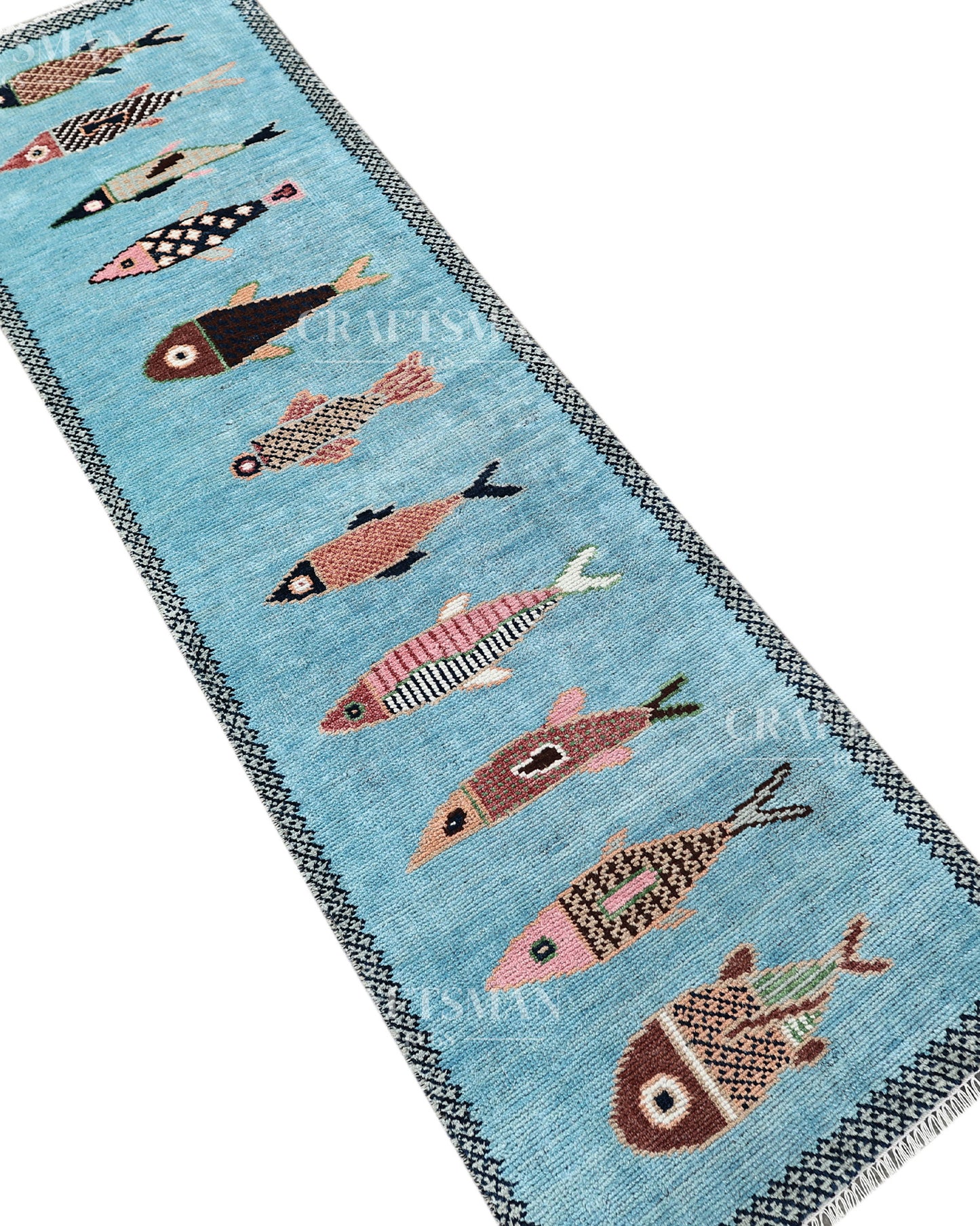 Hand Knotted Fish Runner Rug – Handmade Wool Hallway Carpet in Sky Blue – Tribal Boho Runner for Entryway, Kitchen & Bedroom Decor