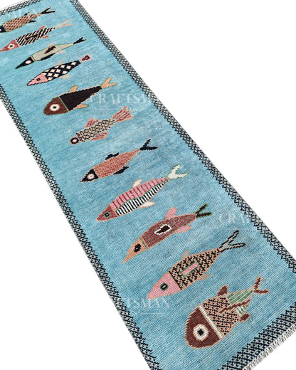 Hand Knotted Fish Runner Rug – Handmade Wool Hallway Carpet in Sky Blue – Tribal Boho Runner for Entryway, Kitchen & Bedroom Decor