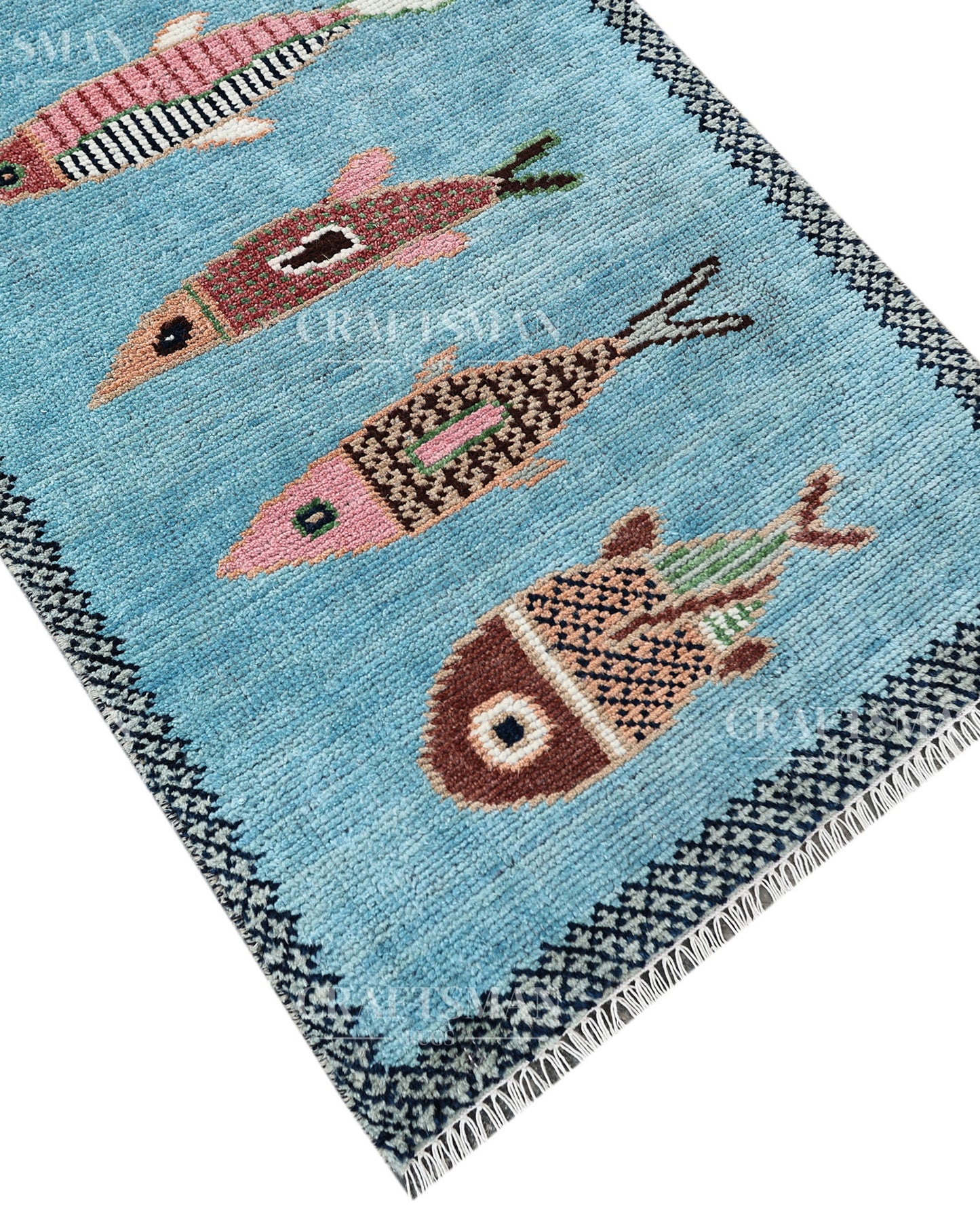 Hand Knotted Fish Runner Rug – Handmade Wool Hallway Carpet in Sky Blue – Tribal Boho Runner for Entryway, Kitchen & Bedroom Decor