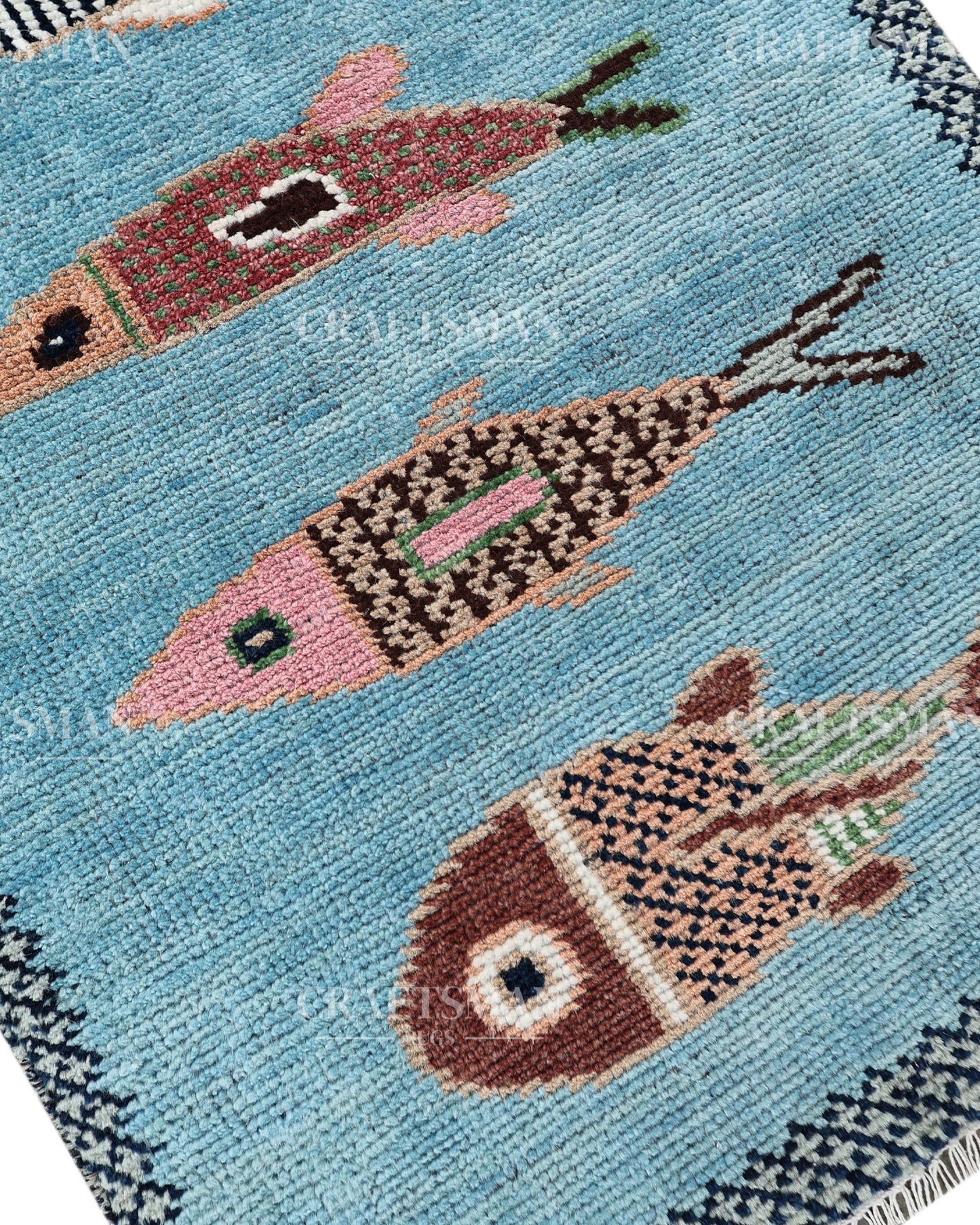 Hand Knotted Fish Runner Rug – Handmade Wool Hallway Carpet in Sky Blue – Tribal Boho Runner for Entryway, Kitchen & Bedroom Decor