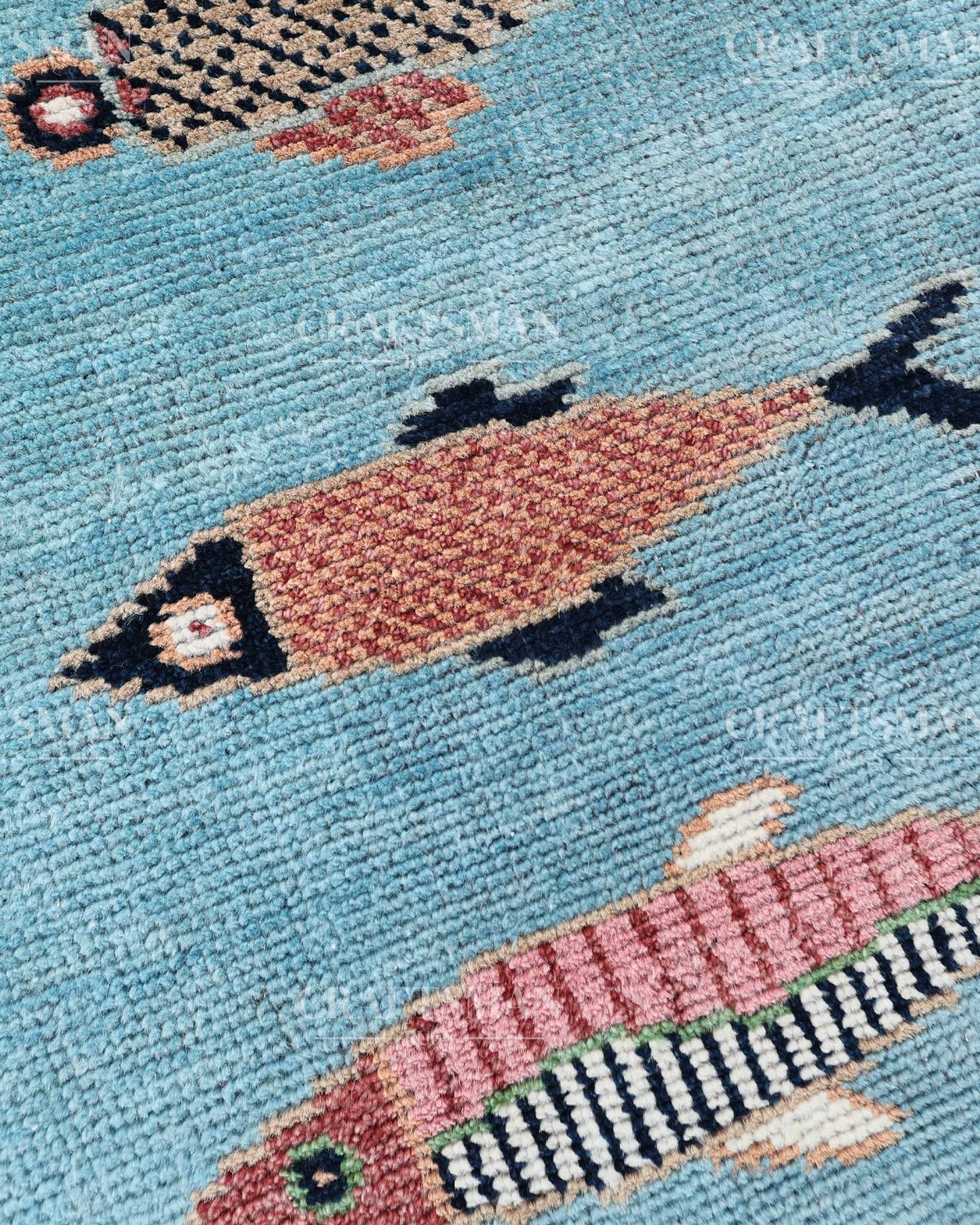 Hand Knotted Fish Runner Rug – Handmade Wool Hallway Carpet in Sky Blue – Tribal Boho Runner for Entryway, Kitchen & Bedroom Decor