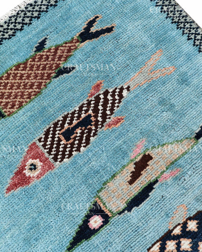 Hand Knotted Fish Runner Rug – Handmade Wool Hallway Carpet in Sky Blue – Tribal Boho Runner for Entryway, Kitchen & Bedroom Decor