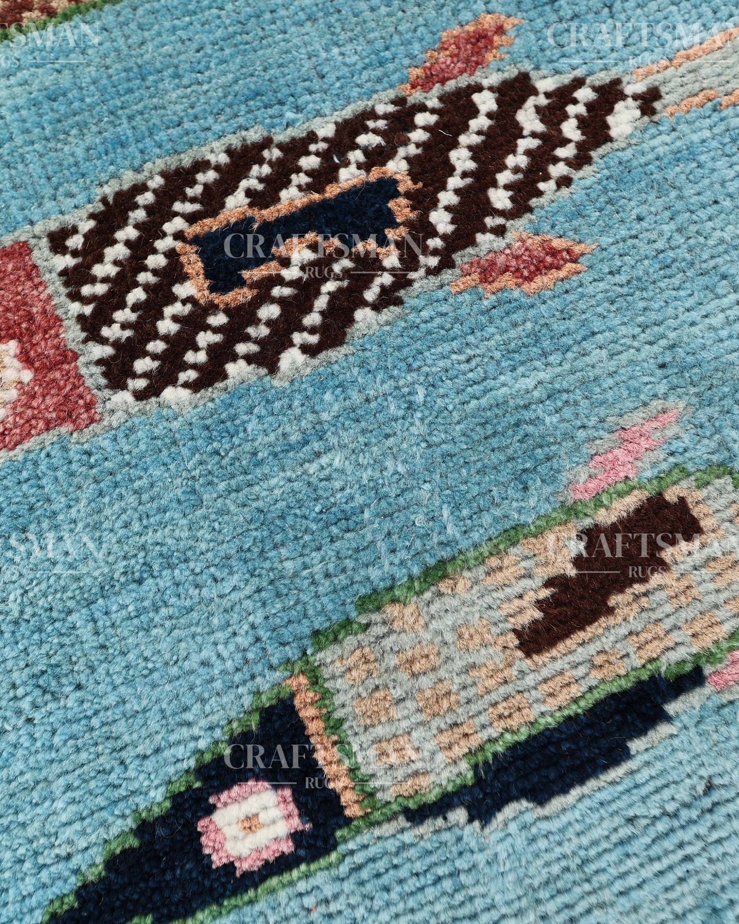 Hand Knotted Fish Runner Rug – Handmade Wool Hallway Carpet in Sky Blue – Tribal Boho Runner for Entryway, Kitchen & Bedroom Decor