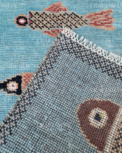 Hand Knotted Fish Runner Rug – Handmade Wool Hallway Carpet in Sky Blue – Tribal Boho Runner for Entryway, Kitchen & Bedroom Decor
