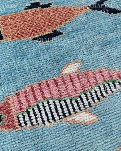 Hand Knotted Fish Runner Rug – Handmade Wool Hallway Carpet in Sky Blue – Tribal Boho Runner for Entryway, Kitchen & Bedroom Decor