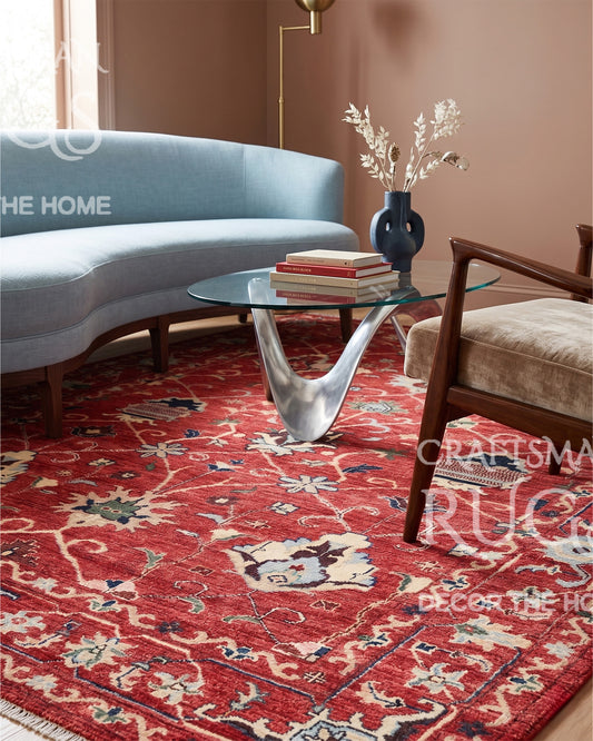 Hand-Knotted Red Oushak Rug | Premium Turkish Wool Floral Oriental Area Carpet | Vintage Luxury Home Decor