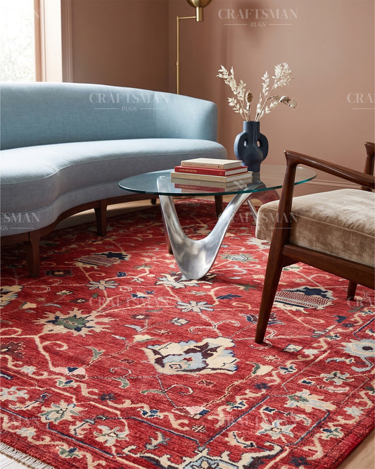 Hand-Knotted Red Oushak Rug | Premium Turkish Wool Floral Oriental Area Carpet | Vintage Luxury Home Decor