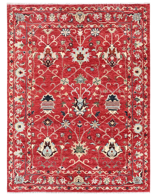 Hand-Knotted Red Oushak Rug | Premium Turkish Wool Floral Oriental Area Carpet | Vintage Luxury Home Decor