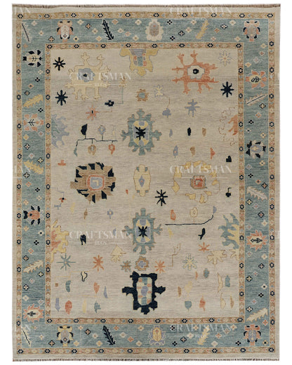 Hand Tufted Oushak Rug – Handmade Vintage Turkish Wool Area Rug | Modern Abstract Boho Carpet in Ivory, Aqua Blue & Beige