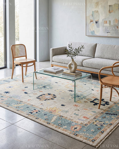 Hand Knotted Oushak Rug – Handmade Vintage Turkish Wool Area Rug | Modern Abstract Boho Carpet in Ivory, Aqua Blue & Beige