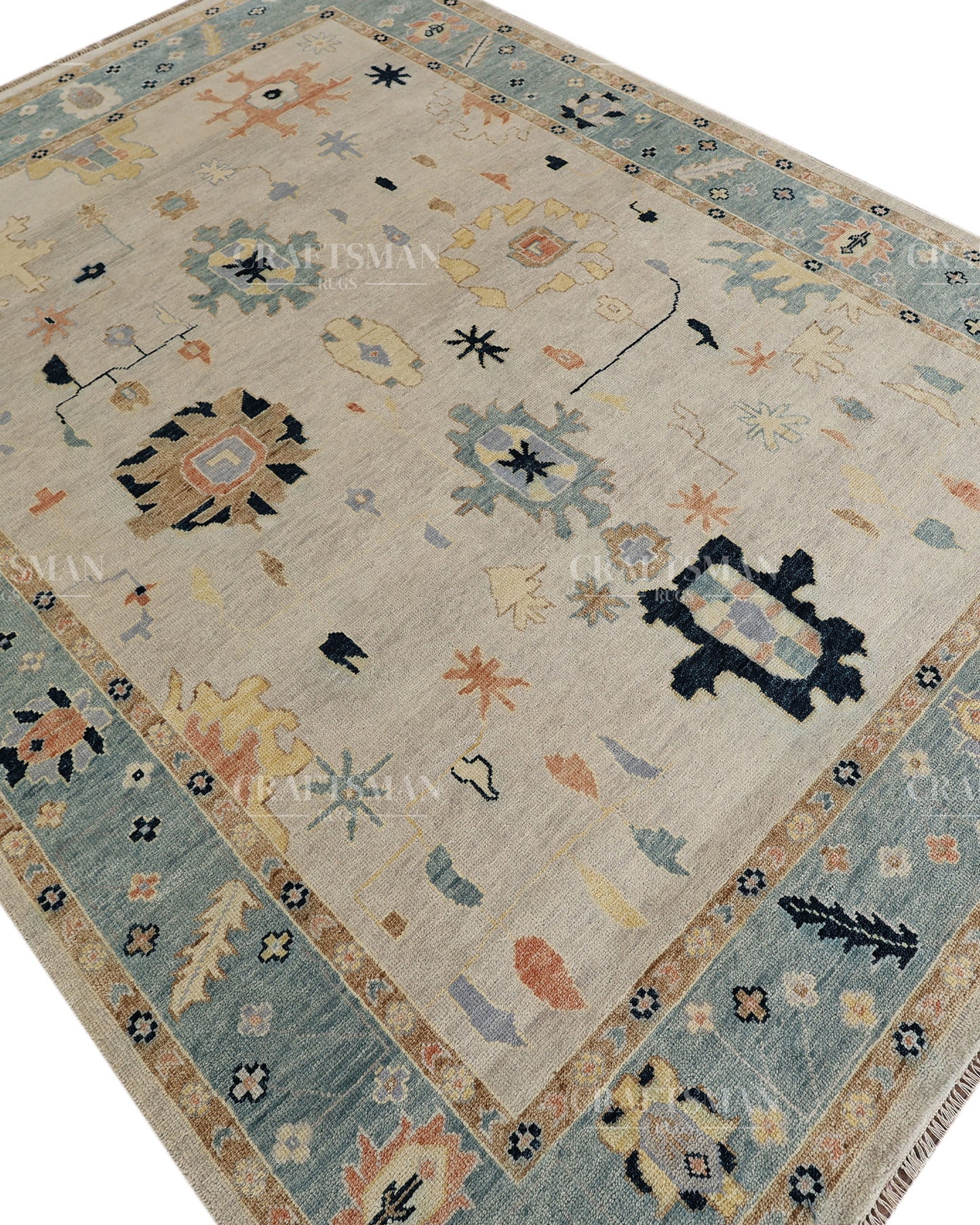 Hand Tufted Oushak Rug – Handmade Vintage Turkish Wool Area Rug | Modern Abstract Boho Carpet in Ivory, Aqua Blue & Beige