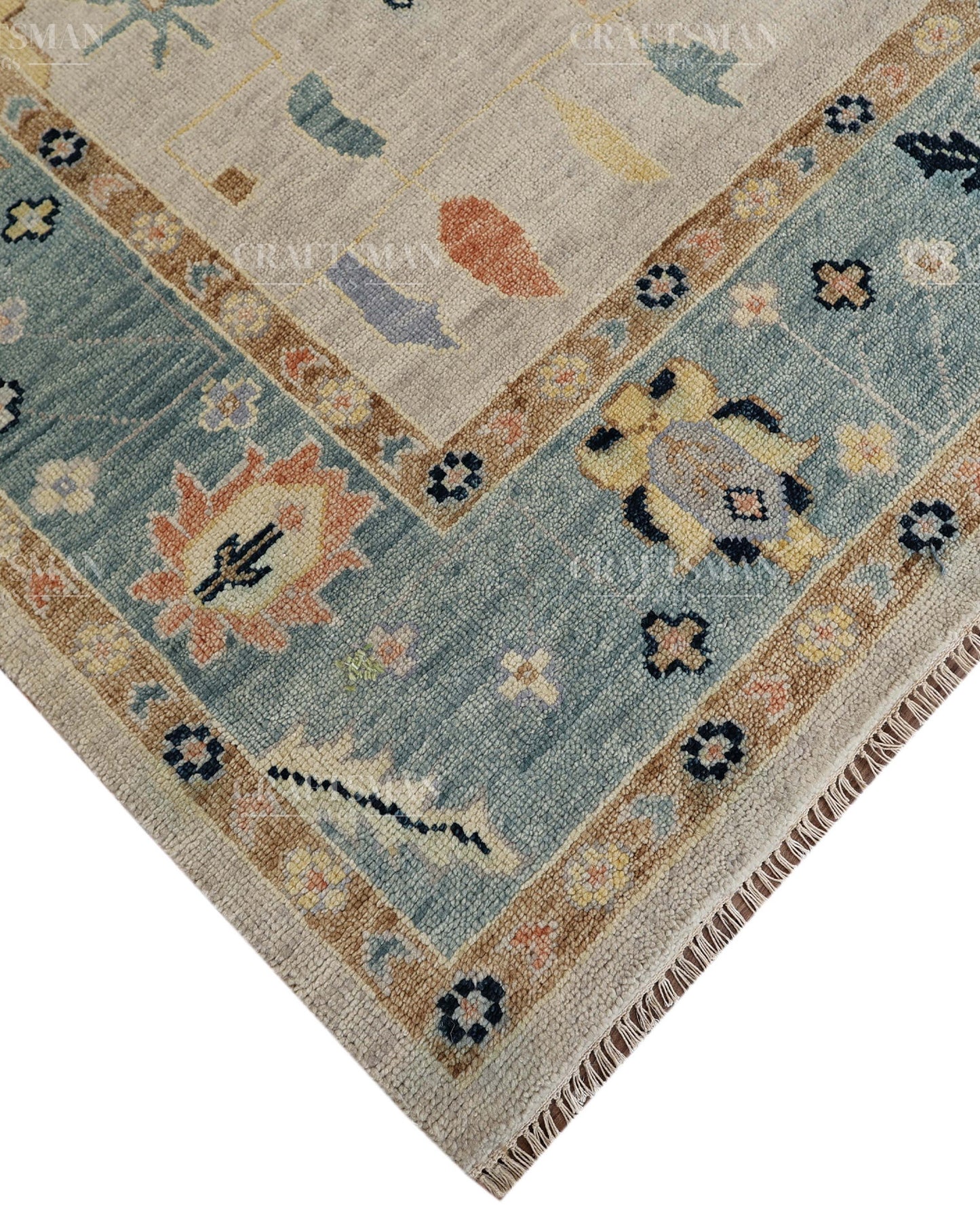 Hand Tufted Oushak Rug – Handmade Vintage Turkish Wool Area Rug | Modern Abstract Boho Carpet in Ivory, Aqua Blue & Beige