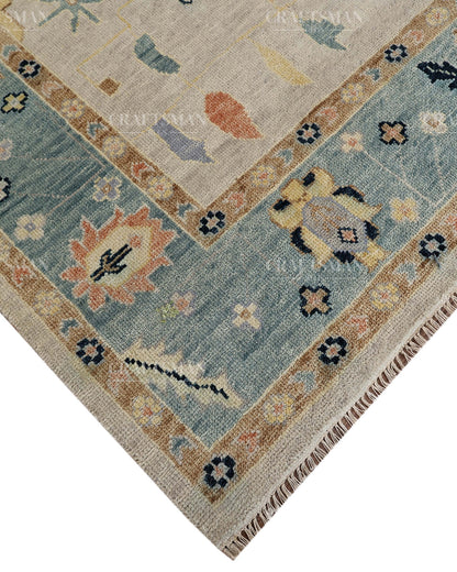 Hand Tufted Oushak Rug – Handmade Vintage Turkish Wool Area Rug | Modern Abstract Boho Carpet in Ivory, Aqua Blue & Beige