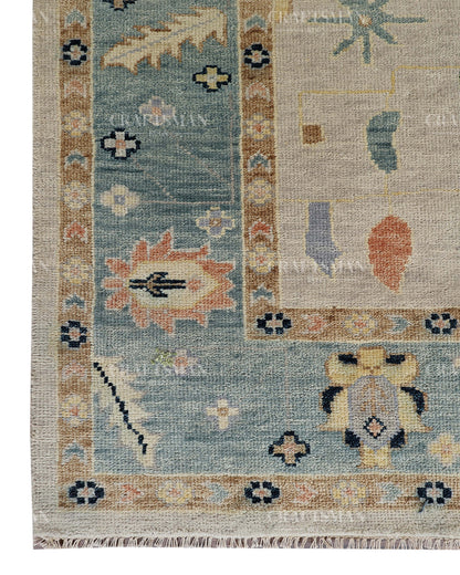 Hand Tufted Oushak Rug – Handmade Vintage Turkish Wool Area Rug | Modern Abstract Boho Carpet in Ivory, Aqua Blue & Beige