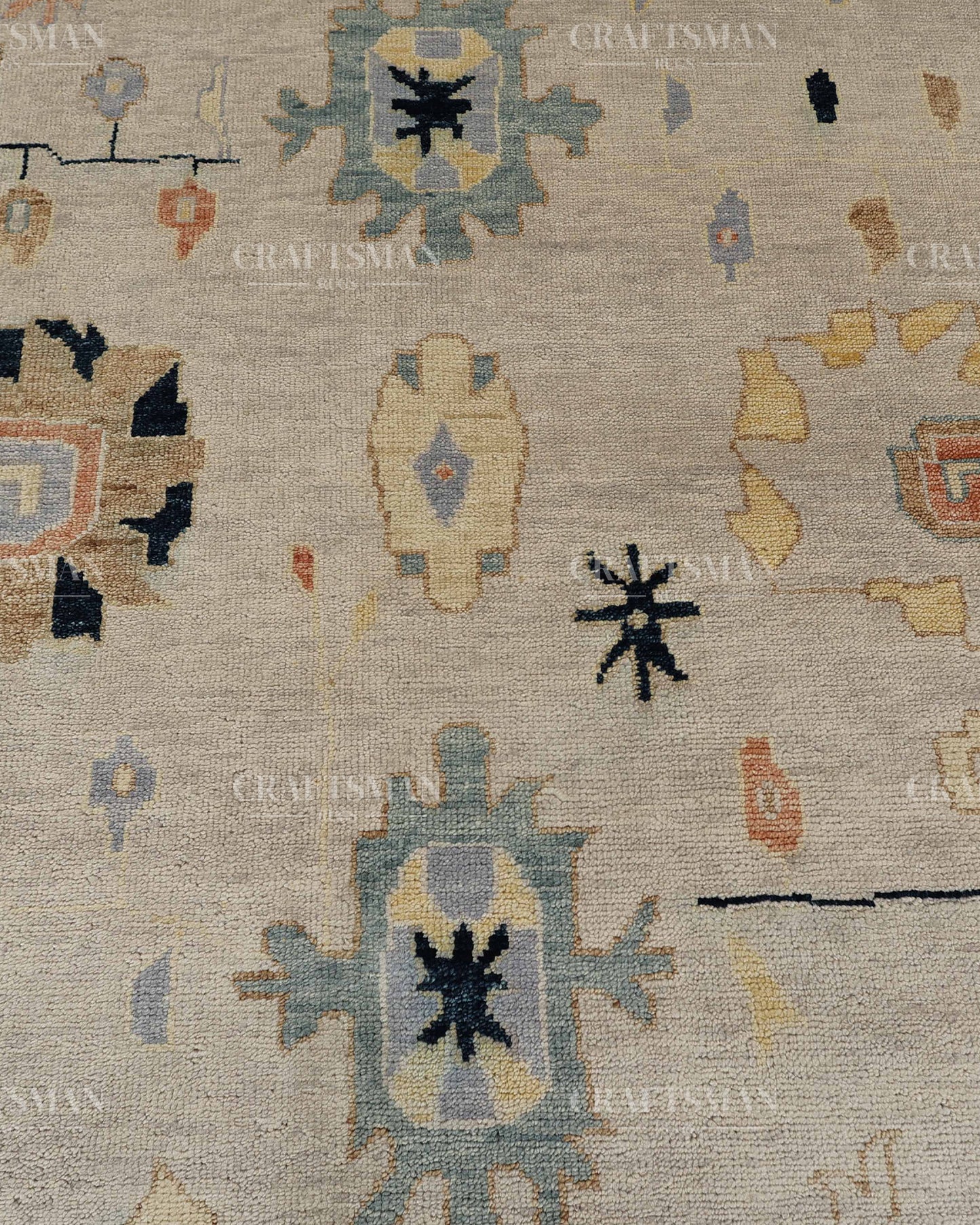Hand Tufted Oushak Rug – Handmade Vintage Turkish Wool Area Rug | Modern Abstract Boho Carpet in Ivory, Aqua Blue & Beige