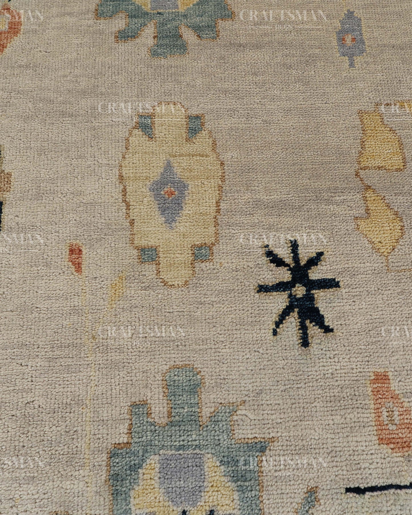 Hand Tufted Oushak Rug – Handmade Vintage Turkish Wool Area Rug | Modern Abstract Boho Carpet in Ivory, Aqua Blue & Beige