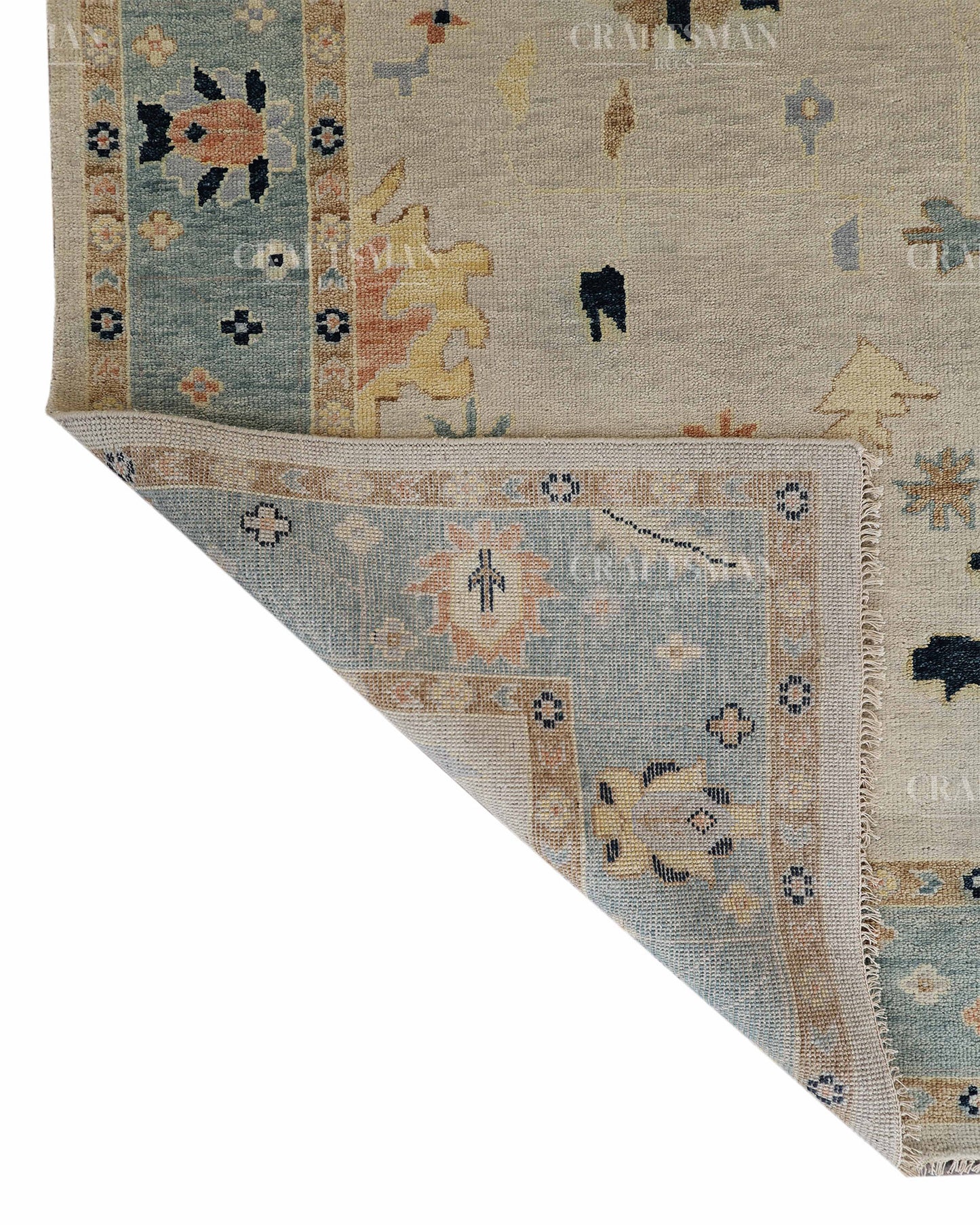 Hand Tufted Oushak Rug – Handmade Vintage Turkish Wool Area Rug | Modern Abstract Boho Carpet in Ivory, Aqua Blue & Beige