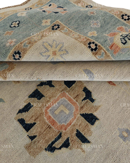 Hand Tufted Oushak Rug – Handmade Vintage Turkish Wool Area Rug | Modern Abstract Boho Carpet in Ivory, Aqua Blue & Beige