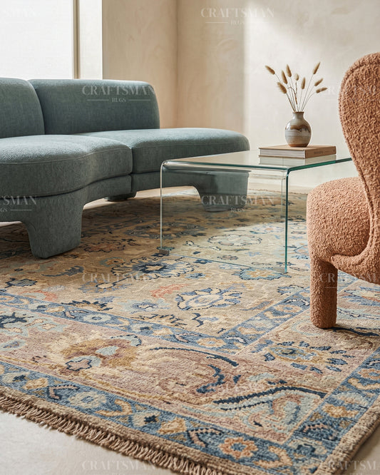 Hand Knotted Oushak Rug – Handmade Vintage Turkish Wool Area Rug | Traditional Floral Oriental Carpet in Beige, Blue & Ivory