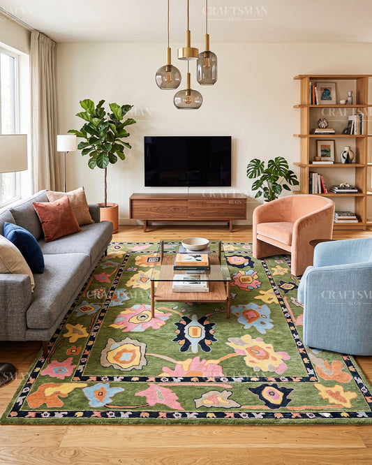 Sage Green Multicolor Floral Area Rug – Vintage Persian Style Hand Tufted Wool Rug for Living Room, Bedroom & Dining Room