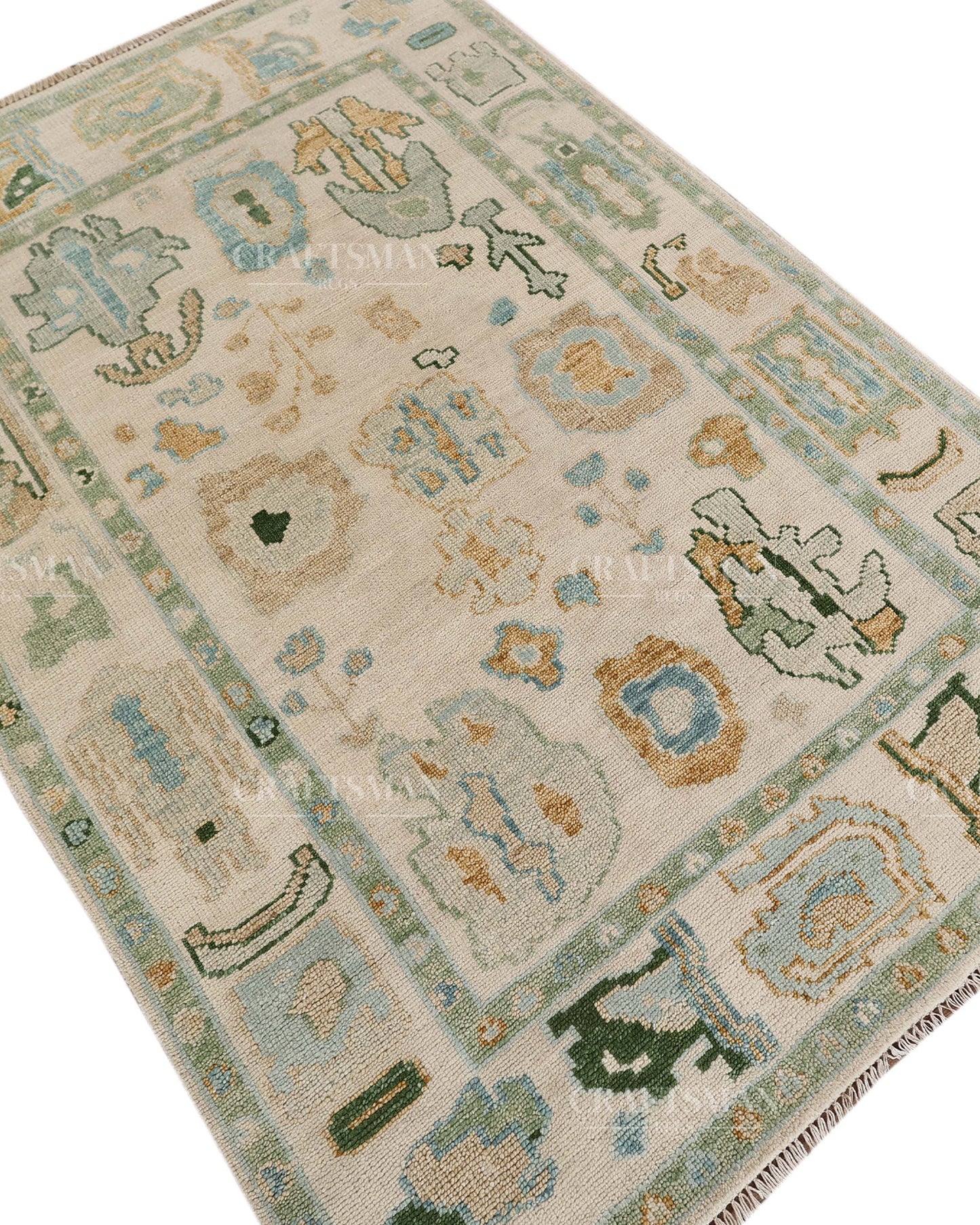 Hand Tufted Oushak Rug – Handmade Abstract Turkish Wool Area Rug | Vintage Organic Boho Carpet in Ivory, Sage Green & Sky Blue