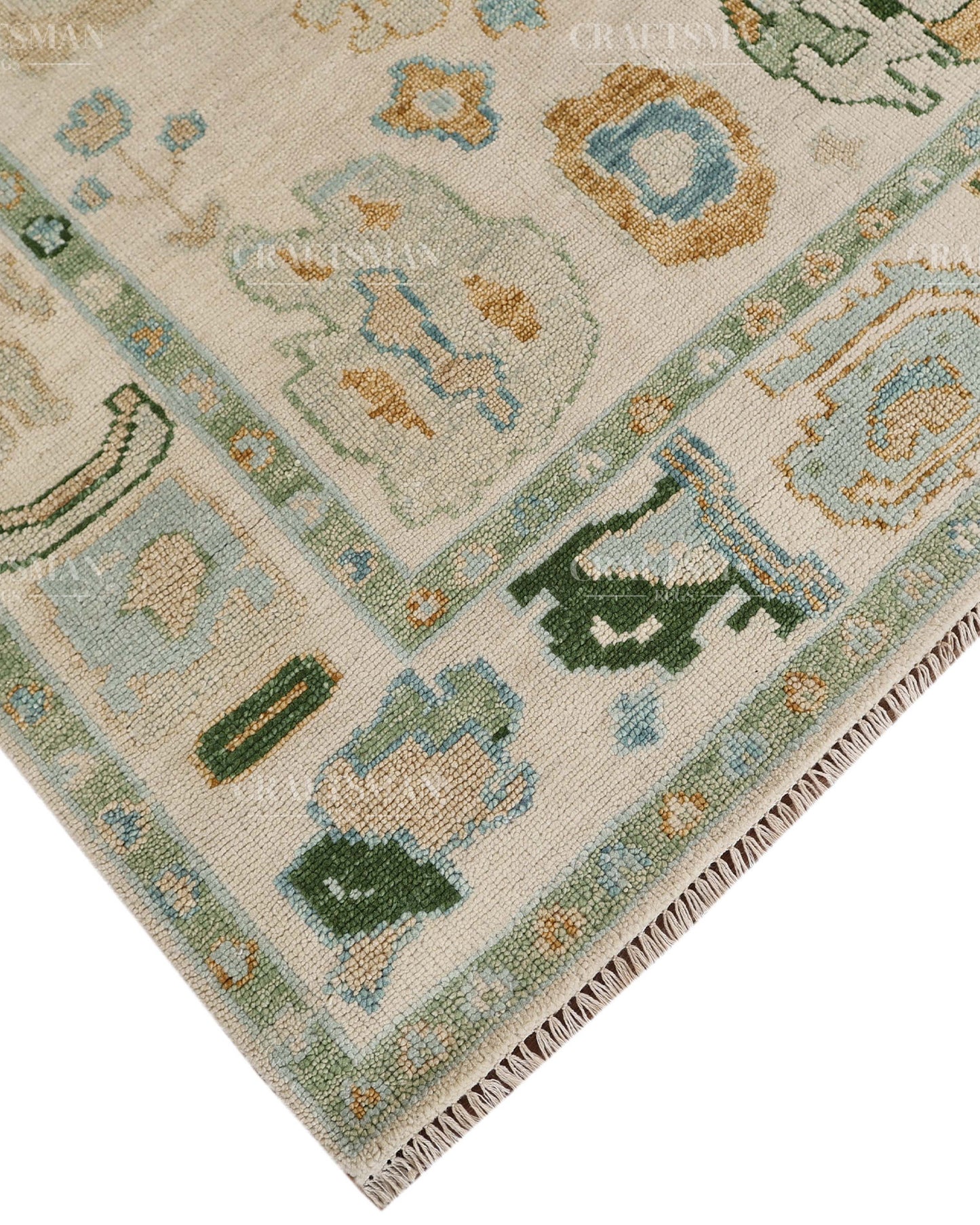 Hand Tufted Oushak Rug – Handmade Abstract Turkish Wool Area Rug | Vintage Organic Boho Carpet in Ivory, Sage Green & Sky Blue